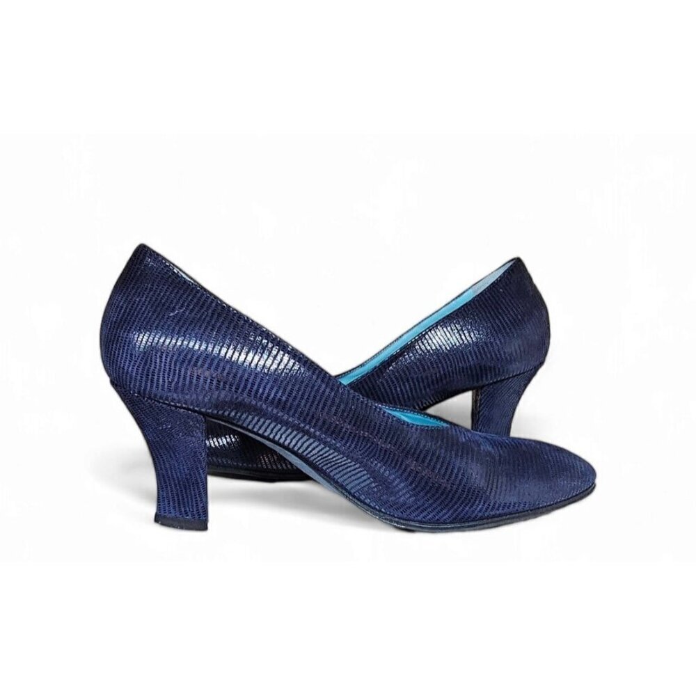 thierry rabotin navy blue ribbed leather pump 3" heel wide EU37 1/2 US7 - Picture 2 of 12